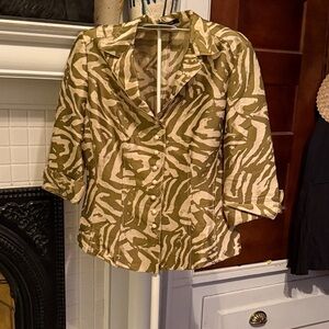 Carlisle Olive and Cream Zebra Print Button Down Shirt in silk, cotton and poly-